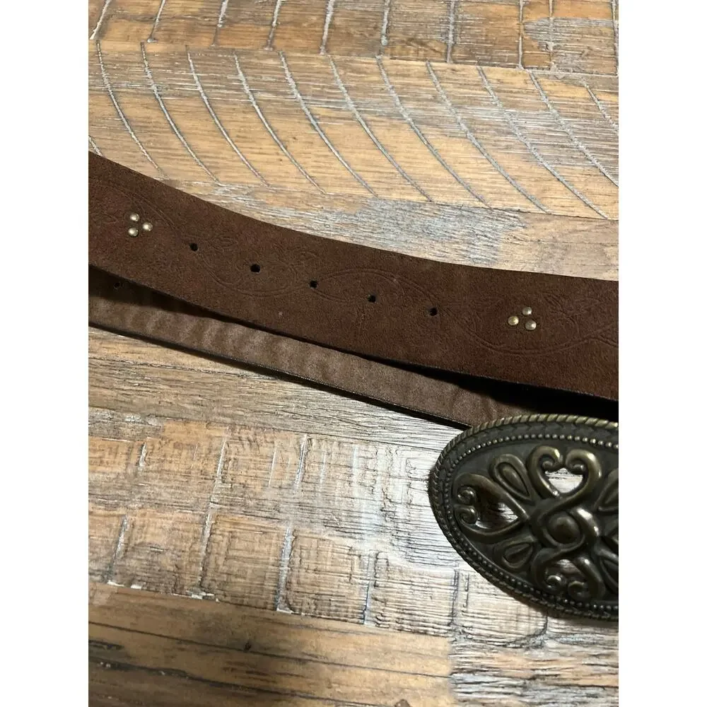 Brown Leather Belt with Unique Belt Buckle Size Large Studded Etched Strap Boho